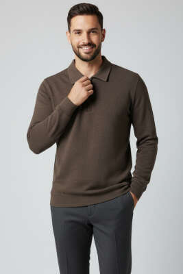 Yaka Detaylı Yarım Fermuar Selanik Erkek Sweatshirt Vizon 