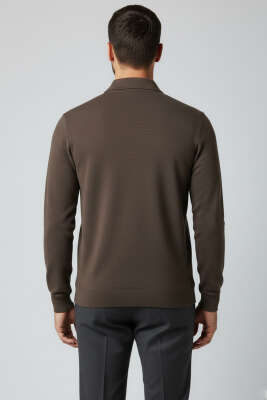 Yaka Detaylı Yarım Fermuar Selanik Erkek Sweatshirt Vizon - Erkek Sweatshirt