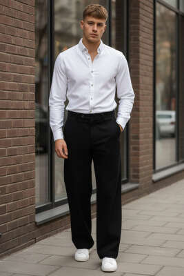 Yaka Düğmeli Basic Erkek Gömlek Beyaz - Erkek Gömlek