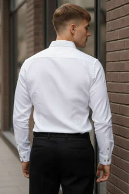Yaka Düğmeli Basic Erkek Gömlek Beyaz - Erkek Gömlek