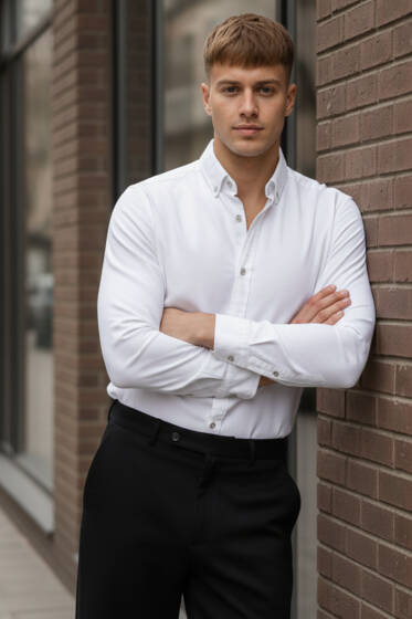 Yaka Düğmeli Basic Erkek Gömlek Beyaz - Erkek Gömlek