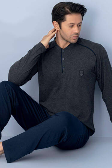 Yaka Düğmeli Biyeli Erkek Pijama Takımı Antrasit - Günün Seçilenleri