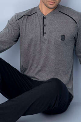 Yaka Düğmeli Biyeli Erkek Pijama Takımı Füme - Günün Seçilenleri