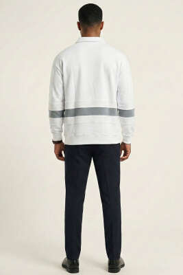 Yaka Düğmeli Biyeli Erkek Sweatshirt Beyaz - Erkek Sweatshirt