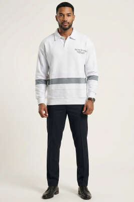 Yaka Düğmeli Biyeli Erkek Sweatshirt Beyaz - Erkek Sweatshirt