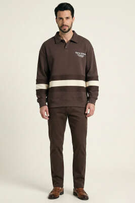 Yaka Düğmeli Biyeli Erkek Sweatshirt Kahve - Erkek Sweatshirt