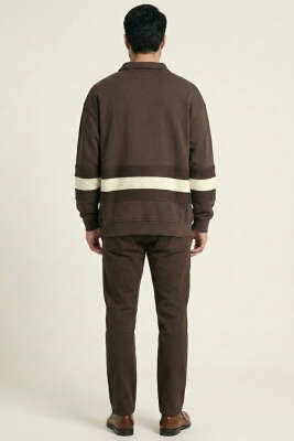 Yaka Düğmeli Biyeli Erkek Sweatshirt Kahve - Erkek Sweatshirt