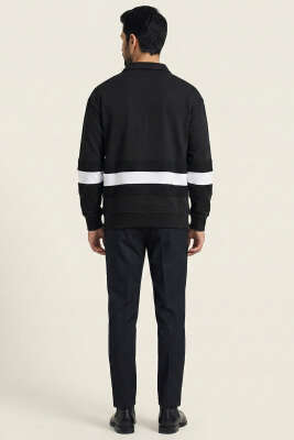 Yaka Düğmeli Biyeli Erkek Sweatshirt Siyah - Erkek Sweatshirt