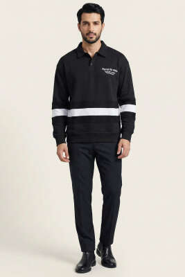 Yaka Düğmeli Biyeli Erkek Sweatshirt Siyah - Erkek Sweatshirt