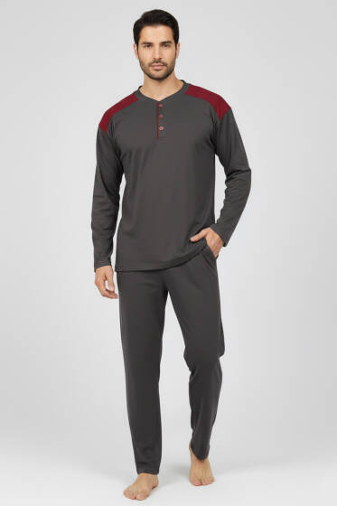 Yaka Düğmeli Büyük Beden İnterlok Erkek Pijama Takım Füme - Pijama