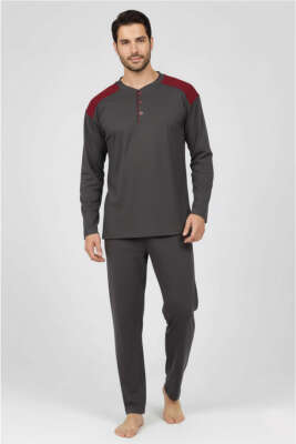 Yaka Düğmeli Büyük Beden İnterlok Erkek Pijama Takım Füme 