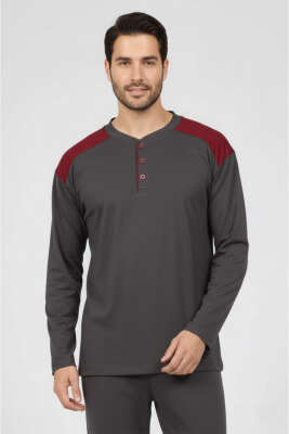 Yaka Düğmeli Büyük Beden İnterlok Erkek Pijama Takım Füme - Pijama