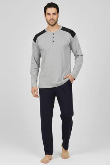 Yaka Düğmeli Büyük Beden İnterlok Erkek Pijama Takım Gri - Pijama