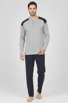 Yaka Düğmeli Büyük Beden İnterlok Erkek Pijama Takım Gri 