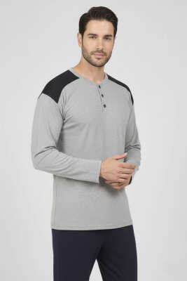 Yaka Düğmeli Büyük Beden İnterlok Erkek Pijama Takım Gri - Pijama