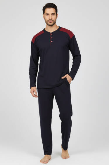Yaka Düğmeli Büyük Beden İnterlok Erkek Pijama Takım Lacivert Bordo - Pijama