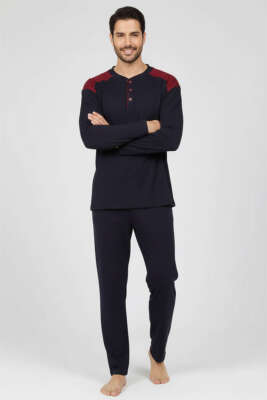 Yaka Düğmeli Büyük Beden İnterlok Erkek Pijama Takım Lacivert Bordo 