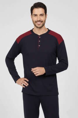 Yaka Düğmeli Büyük Beden İnterlok Erkek Pijama Takım Lacivert Bordo - Pijama