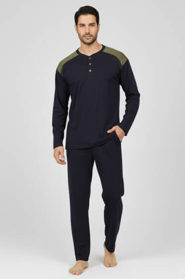Yaka Düğmeli Büyük Beden İnterlok Erkek Pijama Takım Lacivert Haki - Pijama