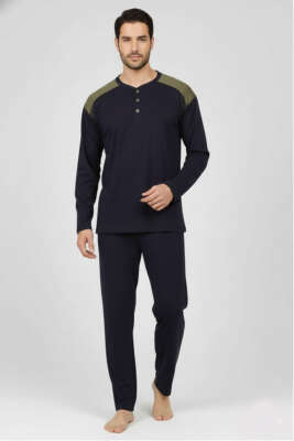 Yaka Düğmeli Büyük Beden İnterlok Erkek Pijama Takım Lacivert Haki - GLİSA