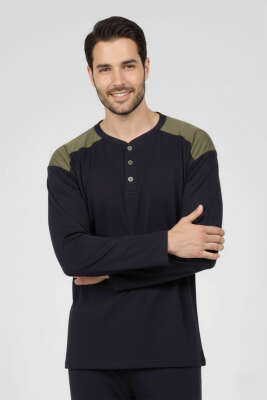 Yaka Düğmeli Büyük Beden İnterlok Erkek Pijama Takım Lacivert Haki - Pijama