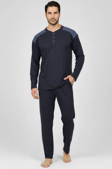 Yaka Düğmeli Büyük Beden İnterlok Erkek Pijama Takım Lacivert - Pijama