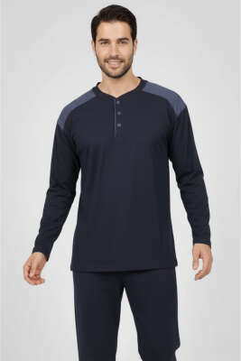 Yaka Düğmeli Büyük Beden İnterlok Erkek Pijama Takım Lacivert - Pijama