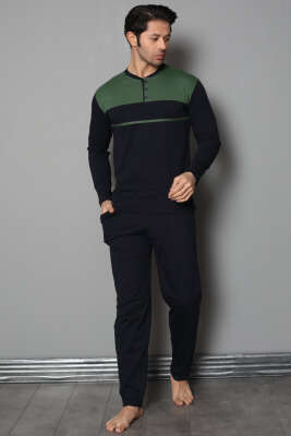 Yaka Düğmeli Çift Renk Erkek Pijama Takımı Lacivert Haki 