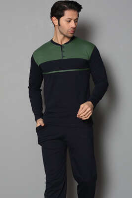 Yaka Düğmeli Çift Renk Erkek Pijama Takımı Lacivert Haki - Kadın Pijama Takımı