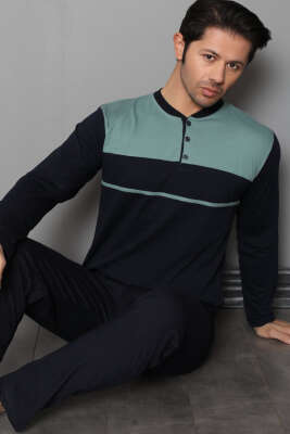 Yaka Düğmeli Çift Renk Erkek Pijama Takımı Lacivert Yeşil - Kadın Pijama Takımı