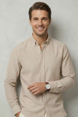 Yaka Düğmeli Çizgili Erkek Keten Gömlek Kahve - GİESTO