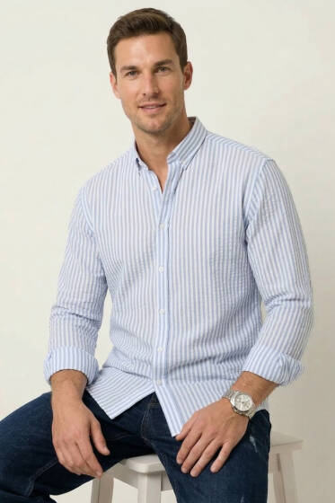 Yaka Düğmeli Çizgili Erkek Keten Gömlek Mavi - Erkek Gömlek