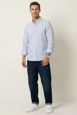 Yaka Düğmeli Çizgili Erkek Keten Gömlek Mavi - Erkek Gömlek