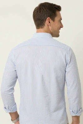 Yaka Düğmeli Çizgili Erkek Keten Gömlek Mavi - Erkek Gömlek