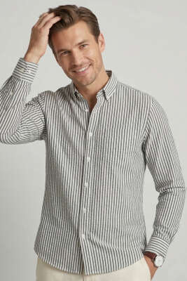 Yaka Düğmeli Çizgili Erkek Keten Gömlek Siyah - GİESTO