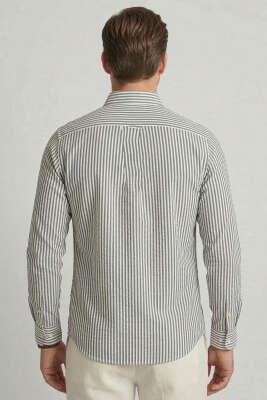 Yaka Düğmeli Çizgili Erkek Keten Gömlek Siyah - Erkek Gömlek