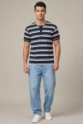 Yaka Düğmeli Çizgili Triko Erkek T-shirt Lacivert - Erkek T-shirt