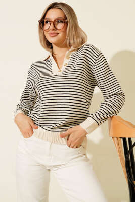 Yaka Düğmeli Çizgili Triko Kazak Bej - Kadın Giyim Modelleri