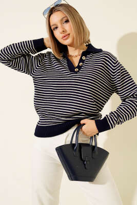 Yaka Düğmeli Çizgili Triko Kazak Lacivert - HELLIE