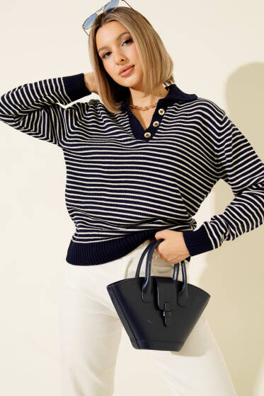 Yaka Düğmeli Çizgili Triko Kazak Lacivert - Kadın Giyim Modelleri