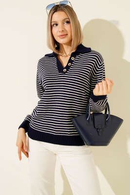 Yaka Düğmeli Çizgili Triko Kazak Lacivert - Kadın Giyim Modelleri