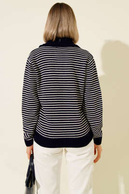 Yaka Düğmeli Çizgili Triko Kazak Lacivert - Kadın Giyim Modelleri