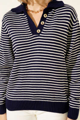 Yaka Düğmeli Çizgili Triko Kazak Lacivert - Kadın Giyim Modelleri