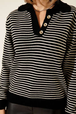 Yaka Düğmeli Çizgili Triko Kazak Siyah - Kadın Giyim Modelleri