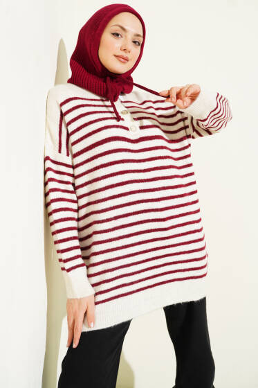 Yaka Düğmeli Çizgili Triko Tunik Bordo - Tunik