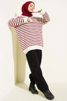 Yaka Düğmeli Çizgili Triko Tunik Bordo - Tunik