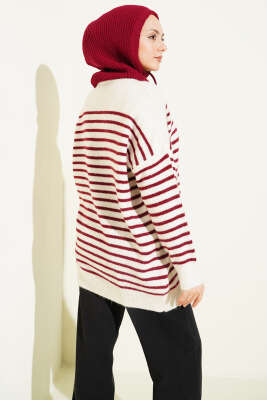 Yaka Düğmeli Çizgili Triko Tunik Bordo - Tunik