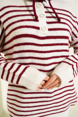 Yaka Düğmeli Çizgili Triko Tunik Bordo - Tunik