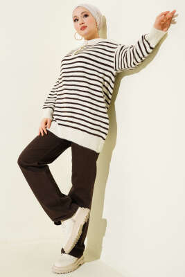 Yaka Düğmeli Çizgili Triko Tunik Kahve - Tunik