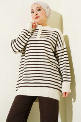Yaka Düğmeli Çizgili Triko Tunik Kahve - ARISOY